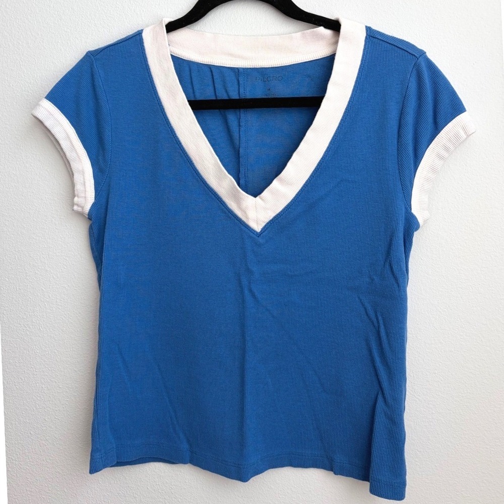 Pilcro Blue Ribbed V-Neck Ringer Tee Cream Trim Short Sleeve Medium